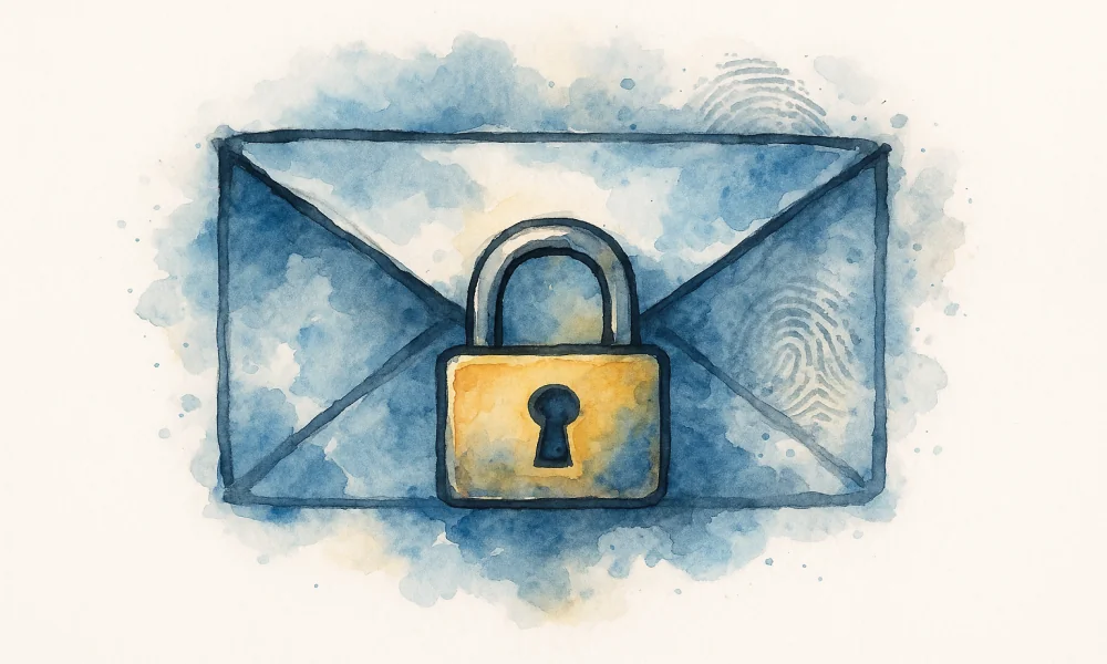 Ilustracja namalowana akwarelą przedstawiająca kopertę, w miejscu pieczęci widnieje kłódka